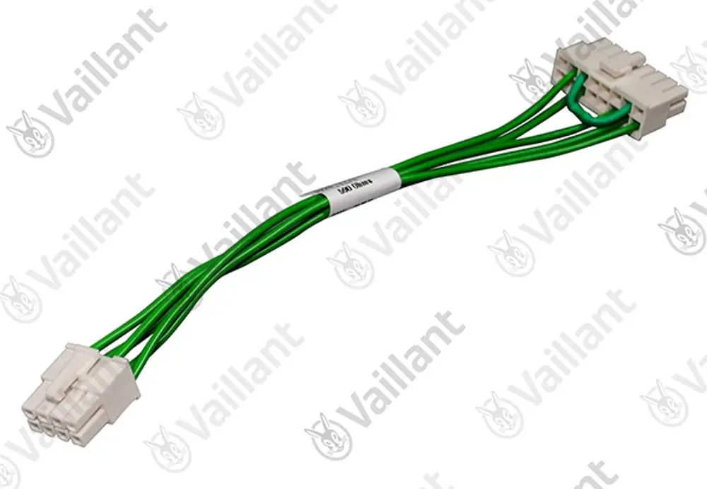 Kabelbaum von Vaillant mit weißen Steckverbindern und grünen Drähten, verwindungsfreies Design zur Verbindung elektrischer Komponenten.